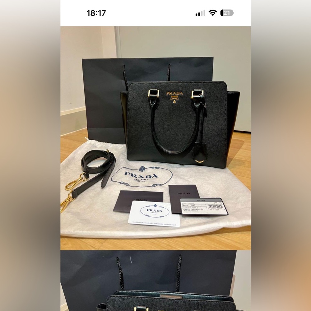 Prada Saffiano Borsa Black Leather Shoulder Tote Handbag 1BA113 - Picture 1 of 10